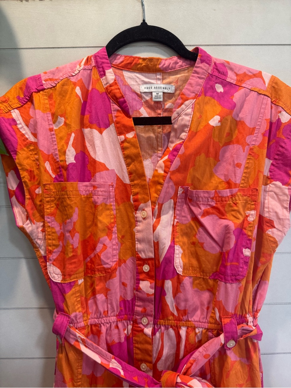 Free Assembly Pink & Orange Printed Belted Shirt Dress